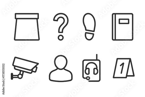Investigation Icon Set. Outline icon set of investigation process: evidence bag, question mark, footprint, dossier, surveillance camera, suspect silhouette,