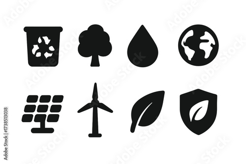 Eco Icons Grid. Solid, filled icon set of environmental protection: recycle bin, tree, water drop, earth globe, solar panel, wind turbine, green leaf, eco