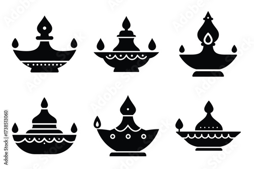 Aarti lamp icon set, black isolated silhouette fill vector icons