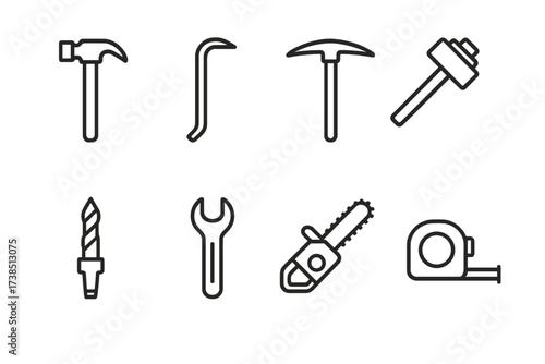 Mining Tools Icons. Outline icon set of mining tools: hammer, crowbar, pickaxe, sledgehammer, drill bit, wrench, chainsaw, measuring tape. Line icons in only