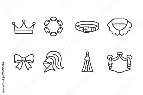 Heraldic Icon Set. Outline icon set of heraldic accessories: crown, chain, belt, collar, ribbon, helmet plume, tassel, mantling. Line icons in only black