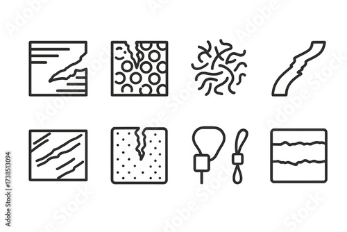 Packaging and Security Icons. Outline icon set of torn packaging materials: ripped cardboard sheet, torn bubble wrap, shredded paper filler, torn packing tape,