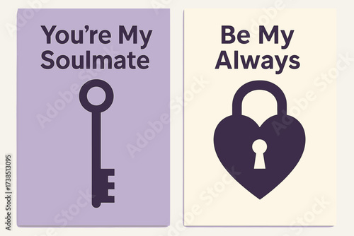 Soulmate Banners. Soulmate. Two vertical A6 banners, modern, lavender and cream backgrounds, matching key and heart lock with clean lines, first banner with