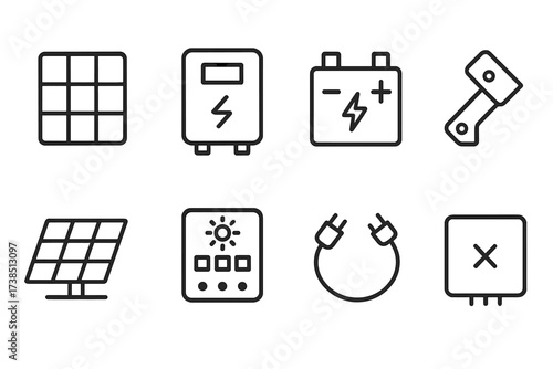 Solar Panel Icon Set. Outline icon set of solar panel components: photovoltaic cell, inverter, battery storage, mounting bracket, solar array, charge