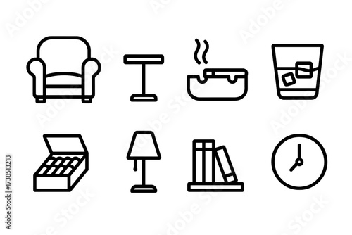 Smoking Lounge Icons. Outline icon set of smoking lounge items: armchair, side table, ashtray, drink glass, cigar box, lamp, bookshelf, wall clock. [Line icons