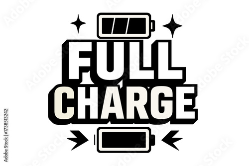 Bold Electric Typography. Full Charge ? Bold Block Lettering with thick angular strokes, stacked layout, heavy outlines and a slight 3D edge, transparent