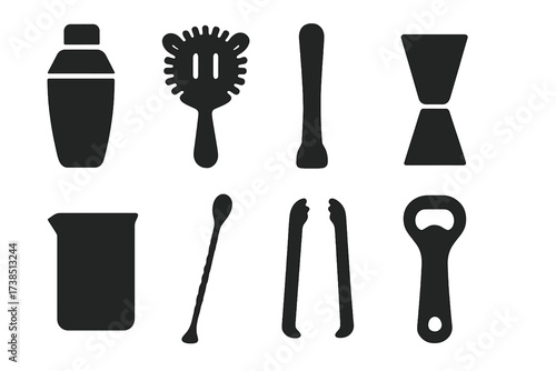 Bar Tools Icons. Solid, filled icon set of jigger related bar tools: shaker, strainer, muddler, jigger, mixing glass, bar spoon, ice tongs, bottle opener.