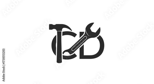 Creative black and white logo design featuring a hammer, wrench and letter forming an image for