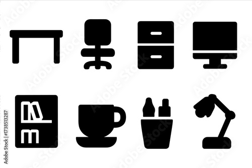 Executive Office Icons. Solid, filled icon set of executive office: desk, swivel chair, filing cabinet, computer, bookshelf, coffee cup, pen holder, lamp.