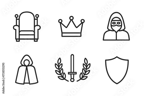 Secret Power Icons. Outline icon set of secret power: throne, crown, chess king, masked figure, cloak, dagger, laurel wreath, shield. [Line icons in only black