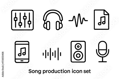 Music Production Icons. Outline icon set of song production: mixing console, headphones, sound wave, audio file, music app, equalizer, studio