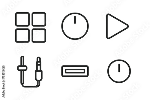 Music Device Icons. Outline icon set of music device elements: pad buttons, volume knob, play button, record light, slider bar, headphone jack, USB port, power