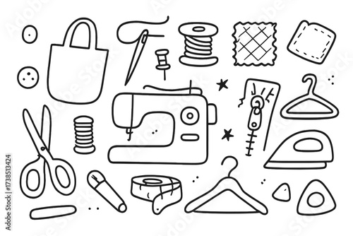 Sewing Essentials Doodle. Hand-drawn doodle illustration Sewing and crafting cloth bags sewing machine, needle, thread spool, scissors, tote bag, button,