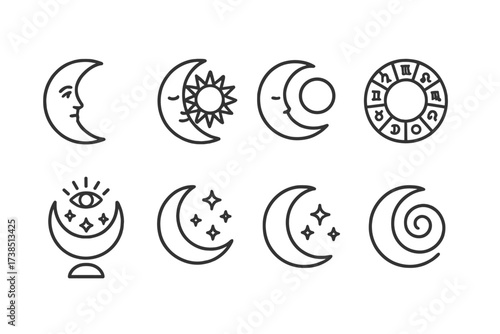 Lunar Icon Set. Outline icon set of lunar symbols: crescent with face, moon and sun combined, moon with zodiac signs, moon with phases cycle, moon with