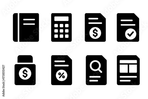 Fund Accounting Icons. Solid, filled icon set of fund accounting: ledger book, calculator, financial statement, invoice, payment processing, tax document,
