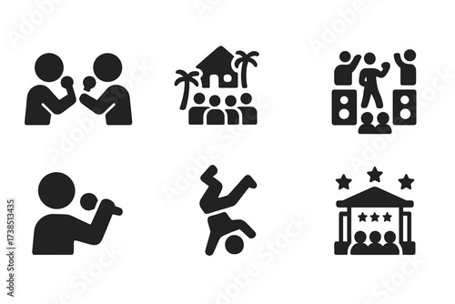 Hip Hop Icons. Solid, filled icon set of hip hop events: rap battle, block party, concert, cypher, freestyle, breakdance contest, album release,