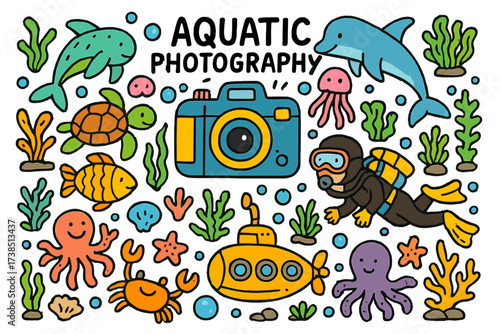 Underwater Wildlife Doodles. Aquatic Photography. Colorful Hand-drawn doodle Children illustration Aquatic Photography underwater camera, fish, turtle,