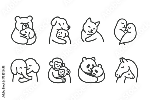 Animal Hug Icons. Outline icon set of animal hugs: bear hug, dog hugging, cat hugging, elephant trunk hug, monkey hug, bird cuddle, panda hug, horse nuzzle.