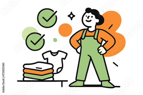 Organized Baby Attire. Neat piles. A table with perfectly folded baby clothes glowing softly, a character standing proudly with floating abstract check marks