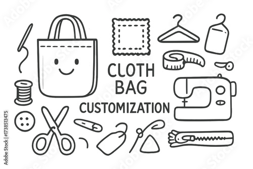 Fashion DIY Icons. Hand-drawn doodle illustration Cloth bag fashion and customization tote bag, fabric pattern, stitching needle, thread spool, button,