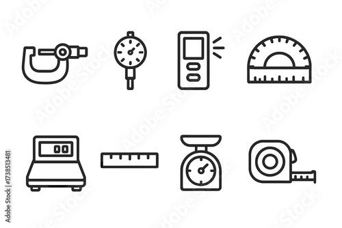 Tools and Communication Icons. Outline icon set of scale and measurement tools: micrometer scale, dial indicator, laser measuring scale, protractor scale,