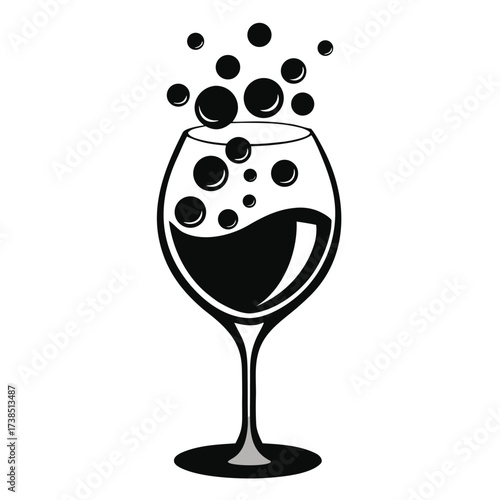 Black and white illustration of a wine glass with bubbles rising