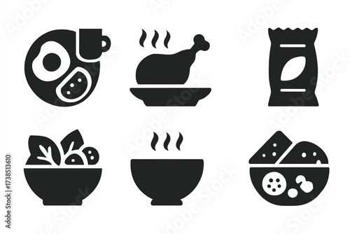 Nourishment Icon Grid. Solid, filled icon set of nourishment meals: breakfast, lunch, dinner, snack, salad, soup, sandwich, smoothie bowl. Solid, filled icons