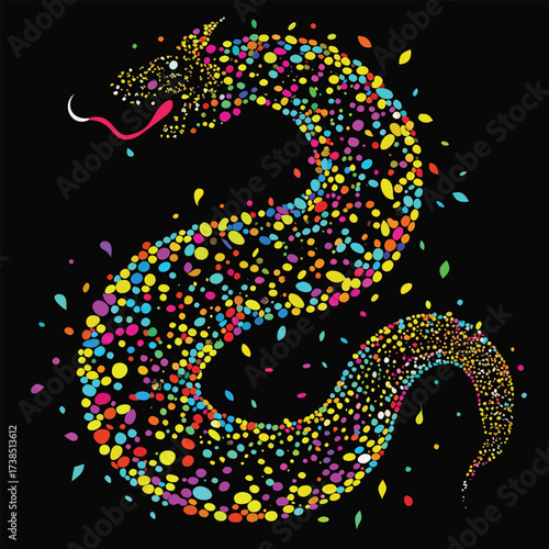 Vibrant confetti dragon with a forked tongue on a black background