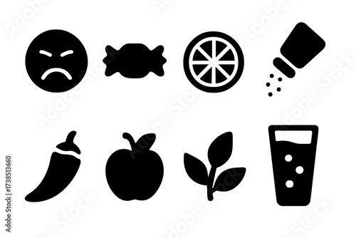 Margarita Flavor Icons. Solid, filled icon set of margarita flavor profiles: sour, sweet, citrus, salty, spicy, fruity, herbal, refreshing. Solid, filled icons