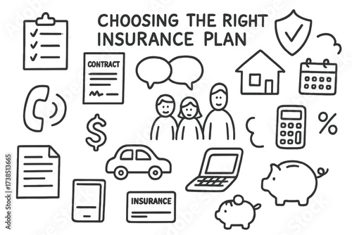Insurance Planning Doodle. Hand-drawn doodle illustration Choosing the right insurance plan checklist, contract, speech bubbles, family group, shield, house,