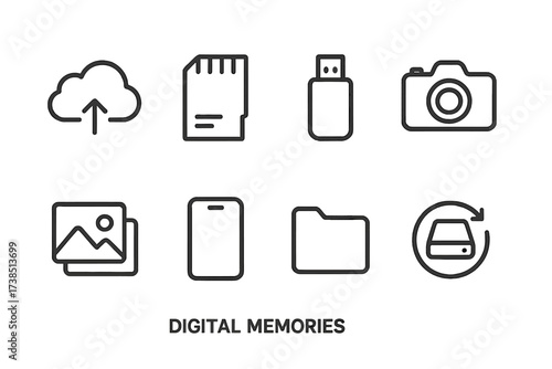 Digital Memory Icons. Outline icon set of digital memories: cloud storage, memory card, USB drive, camera, photo gallery, smartphone, folder, backup. Line