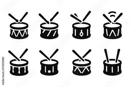 Military Drum Icons. Solid, filled icon set of military drum playing techniques: drum roll, flams, rim shots, buzz roll, drag, paradiddle, flam taps, double