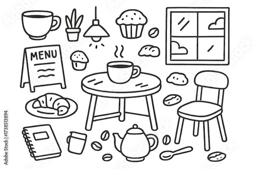 Cozy Cafe Icons. Hand-drawn doodle illustration cozy cafe setting coffee cup, table, chair, pastry, menu board, plant pot, window, lamp, notebook, teapot,