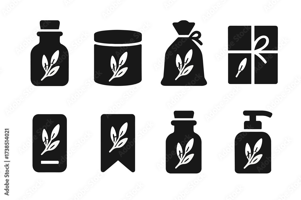 Fototapeta premium Eucalyptus Packaging Icons. Solid, filled icon set of eucalyptus packaging: glass bottle, jar, sachet, box, label, ribbon, cork stopper, pump bottle. Solid,