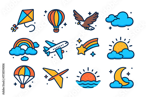 Colorful Sky Icons. Open sky. Colorful isometric vector icons set of open sky: flying kite, hot air balloon, soaring eagle, drifting clouds, rainbow, airplane,