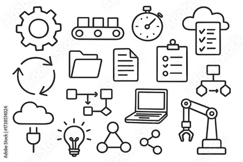 Automation Workflow Doodles. Hand-drawn doodle illustration Automation and workflow efficiency gear, conveyor belt, stopwatch, checklist, flowchart, laptop,