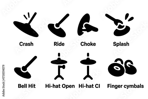 Cymbal Technique Icons. Solid, filled icon set of cymbals playing techniques: crash, ride, choke, splash, bell hit, hi-hat open, hi-hat closed, finger cymbals.