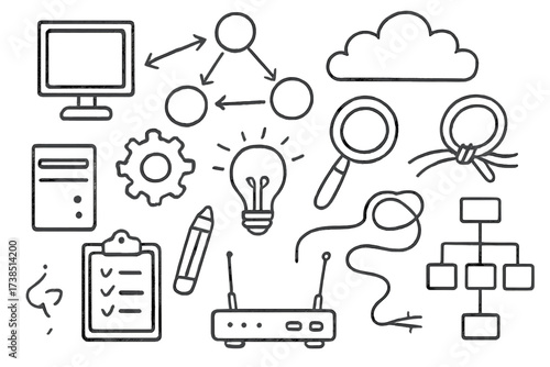Network Diagram Doodles. Hand-drawn doodle illustration network diagram nodes, connections, arrows, computer screen, server, cloud, magnifying glass, gear,