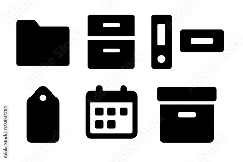 Organization Icon Set. Solid, filled icon set of assignment organization: folder, file cabinet, binder, label, tag, calendar, checklist, archive. [Line icons
