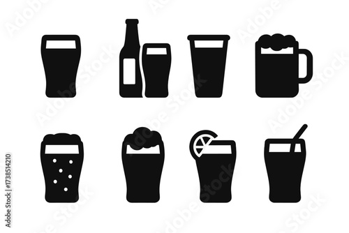 Pint Styles Icons. Solid, filled icon set of pint serving styles: draft pint, bottled pint, plastic cup pint, glass mug pint, chilled pint, foam head pint,