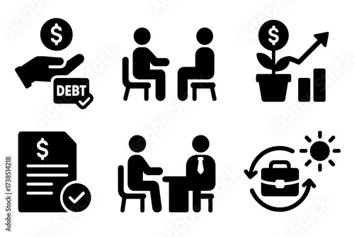 Bankruptcy Recovery Icons. Solid, filled icon set of bankruptcy recovery: debt repayment, financial counseling, new budget, savings growth, loan approval, job
