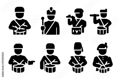 Military Drum Icon Set. Solid, filled icon set of military drum famous players: military drummers, drum majors, fife and drum corps, drum