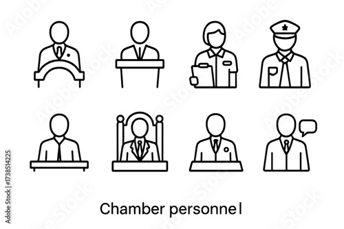 Chamber Personnel Icons. Outline icon set of chamber personnel: senator, speaker, secretary, security guard, clerk, chairman, delegate, advisor. Line icons in