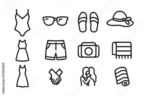 Honeymoon Icon Sets. Outline icon set of honeymoon fashion: swimsuit, sunglasses, sandals, sunhat, dress, shorts, camera bag, beach towel. Line icons in only