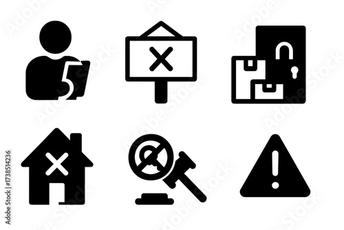 Eviction Icon Set. Solid, filled icon set of landlord eviction: landlord holding papers, eviction sign, locked door, moving boxes, house with cross, key with