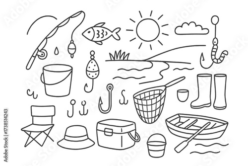 River Fishing Doodle. Hand-drawn doodle illustration Fishing by the river fishing rod, fish, tackle box, boat, bait, hook, fishing net, cooler, hat, boots,