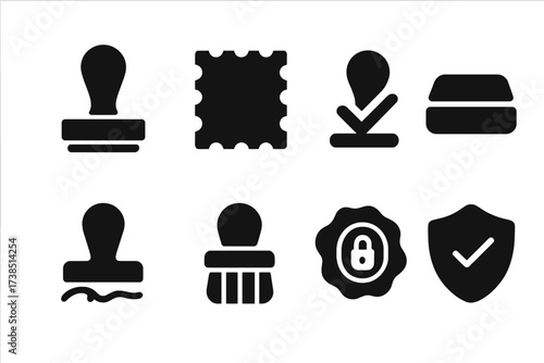 Stamp Icon Set. Solid, filled icon set of stamp types: rubber stamp, postage stamp, approval stamp, ink pad, signature stamp, date stamp, wax seal, security