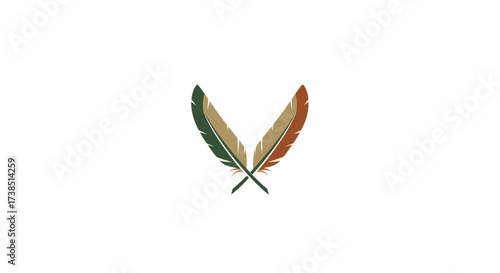 Elegant crossed feathers logo design with vintage style and muted earthy tone color scheme