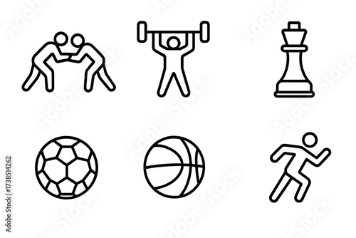 Armenian Sports Icons. Outline icon set of Armenian sports: wrestling, weightlifting, chess, football, basketball, judo, archery, running. Line icons in only