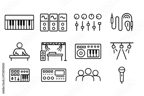 Synthesizer Outline Icons. Outline icon set of synthesizer components: keyboard, oscillators, knobs, sliders, patch cables, modulation wheel, pitch bend,
